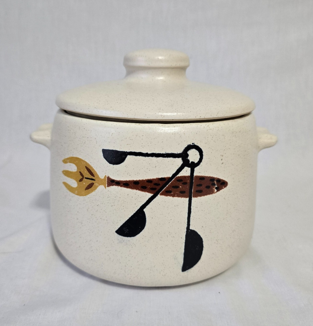 Vintage 1960's Westbend Stoneware Fork & Spoon Design Bean Dish with Lid